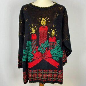 Vtg Holiday Time Christmas Sweater Sz 22W 24W Black Red Candles Tartan Plaid